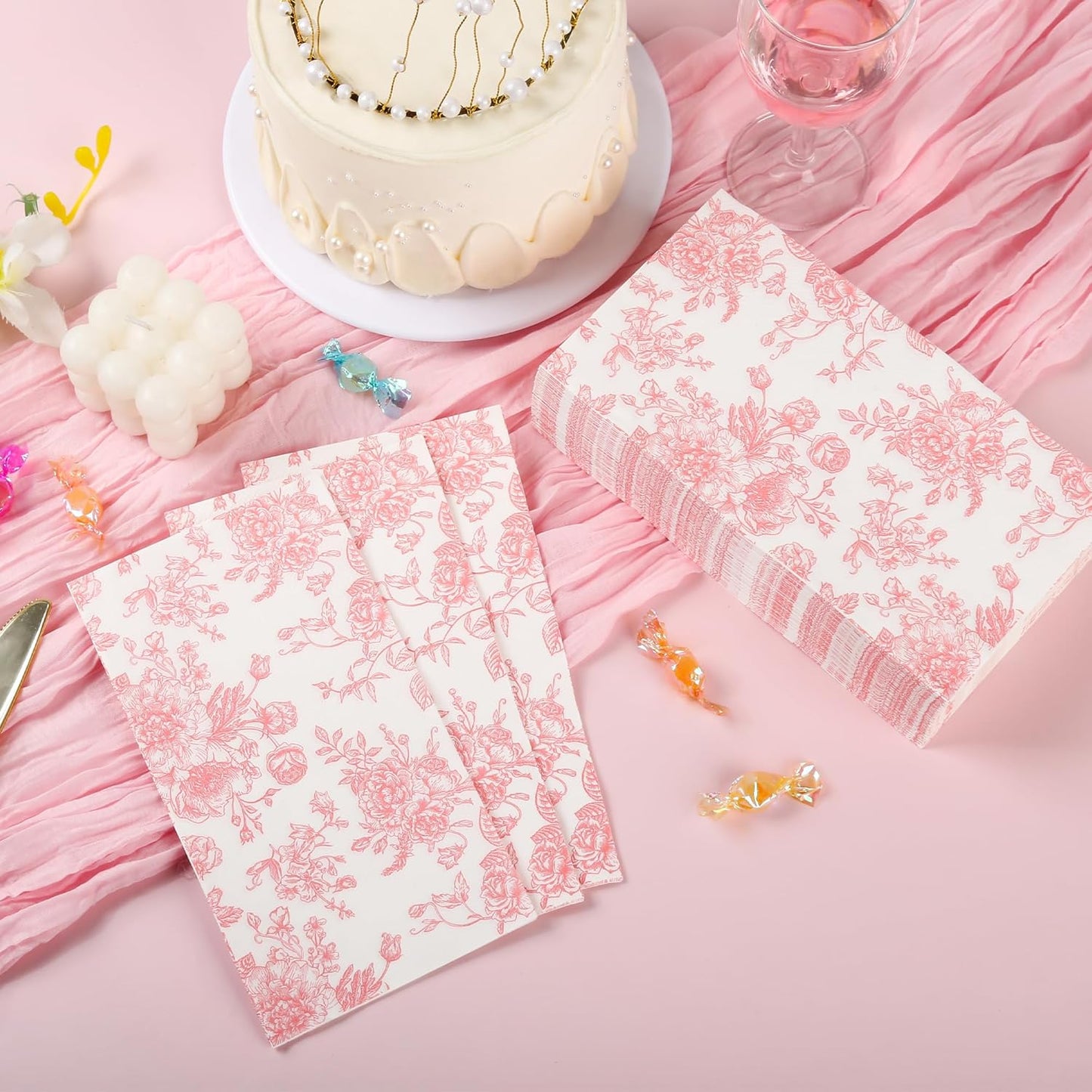 100 Floral Guest Napkins Pink and White Toile Disposable Paper Napkins Decorative Flower Bathroom Hand Towels for Bridal Baby Shower Tea Party Birthday Party Supplies