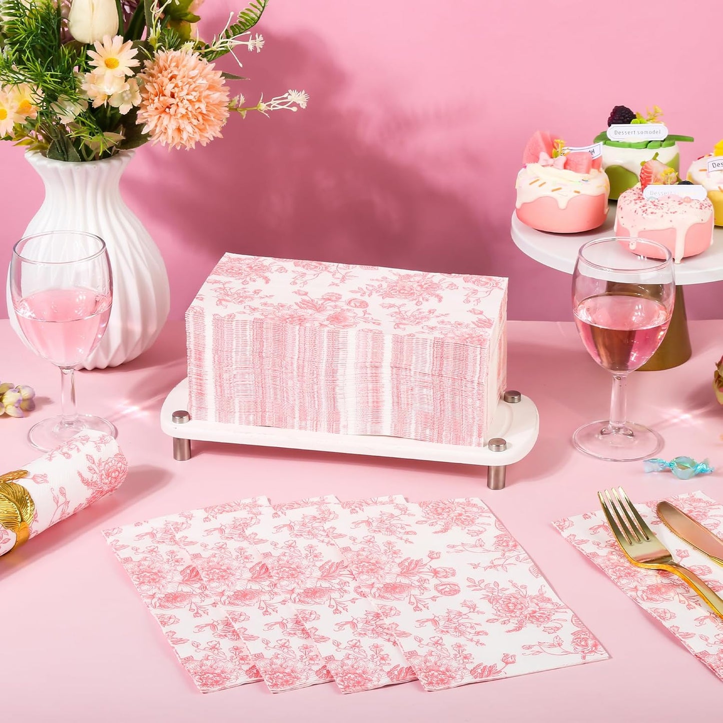 100 Floral Guest Napkins Pink and White Toile Disposable Paper Napkins Decorative Flower Bathroom Hand Towels for Bridal Baby Shower Tea Party Birthday Party Supplies
