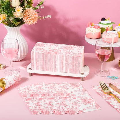 100 Floral Guest Napkins Pink and White Toile Disposable Paper Napkins Decorative Flower Bathroom Hand Towels for Bridal Baby Shower Tea Party Birthday Party Supplies