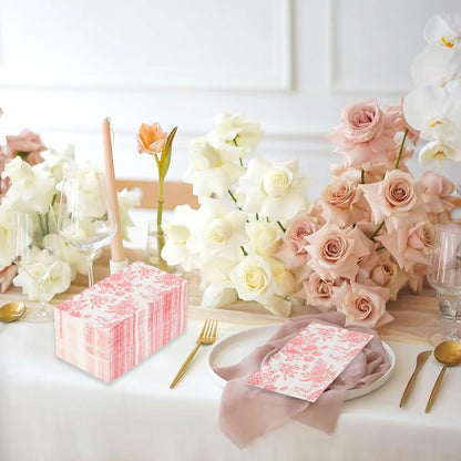 100 Floral Guest Napkins Pink and White Toile Disposable Paper Napkins Decorative Flower Bathroom Hand Towels for Bridal Baby Shower Tea Party Birthday Party Supplies