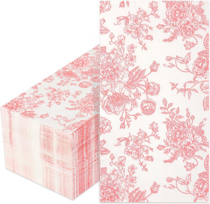 100 Floral Guest Napkins Pink and White Toile Disposable Paper Napkins Decorative Flower Bathroom Hand Towels for Bridal Baby Shower Tea Party Birthday Party Supplies