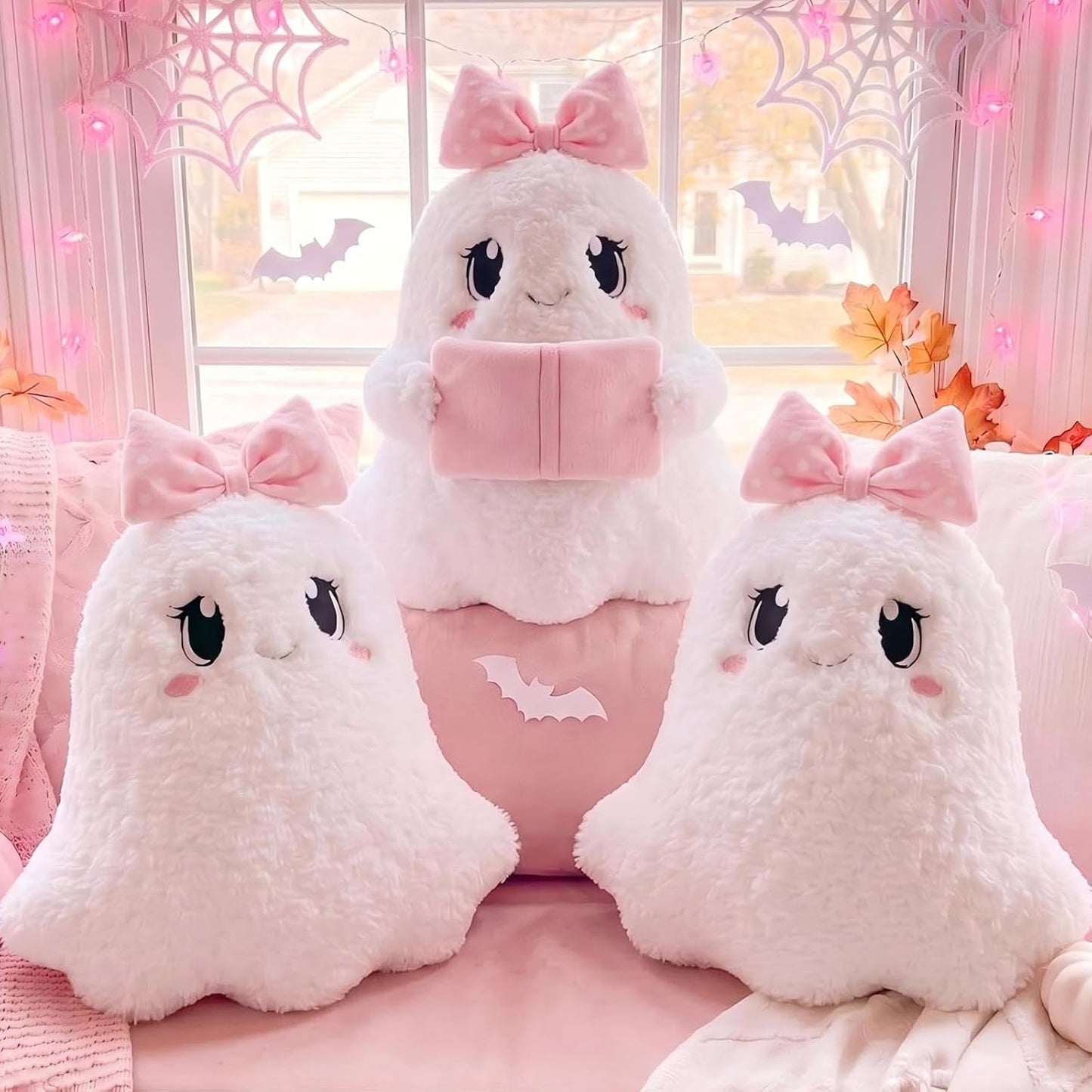 Pink Halloween Ghost Throw Pillows Cute Pink Bow Ghost Plush