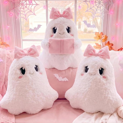 Pink Halloween Ghost Throw Pillows Cute Pink Bow Ghost Plush