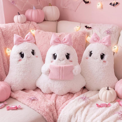 Pink Halloween Ghost Throw Pillows Cute Pink Bow Ghost Plush