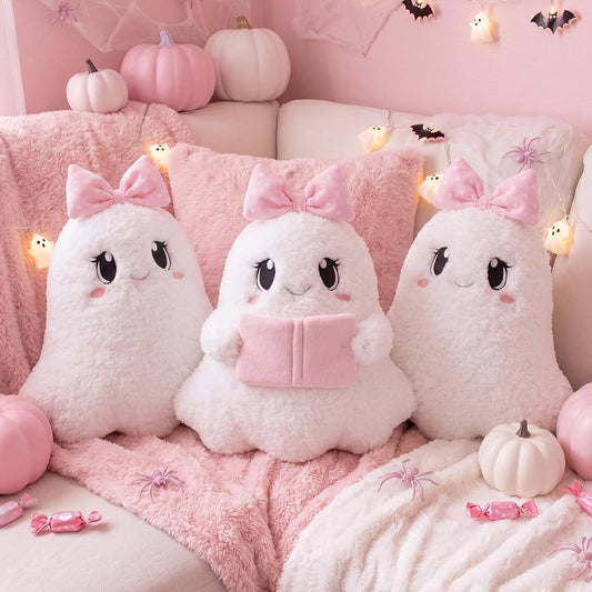 Pink Halloween Ghost Throw Pillows Cute Pink Bow Ghost Plush