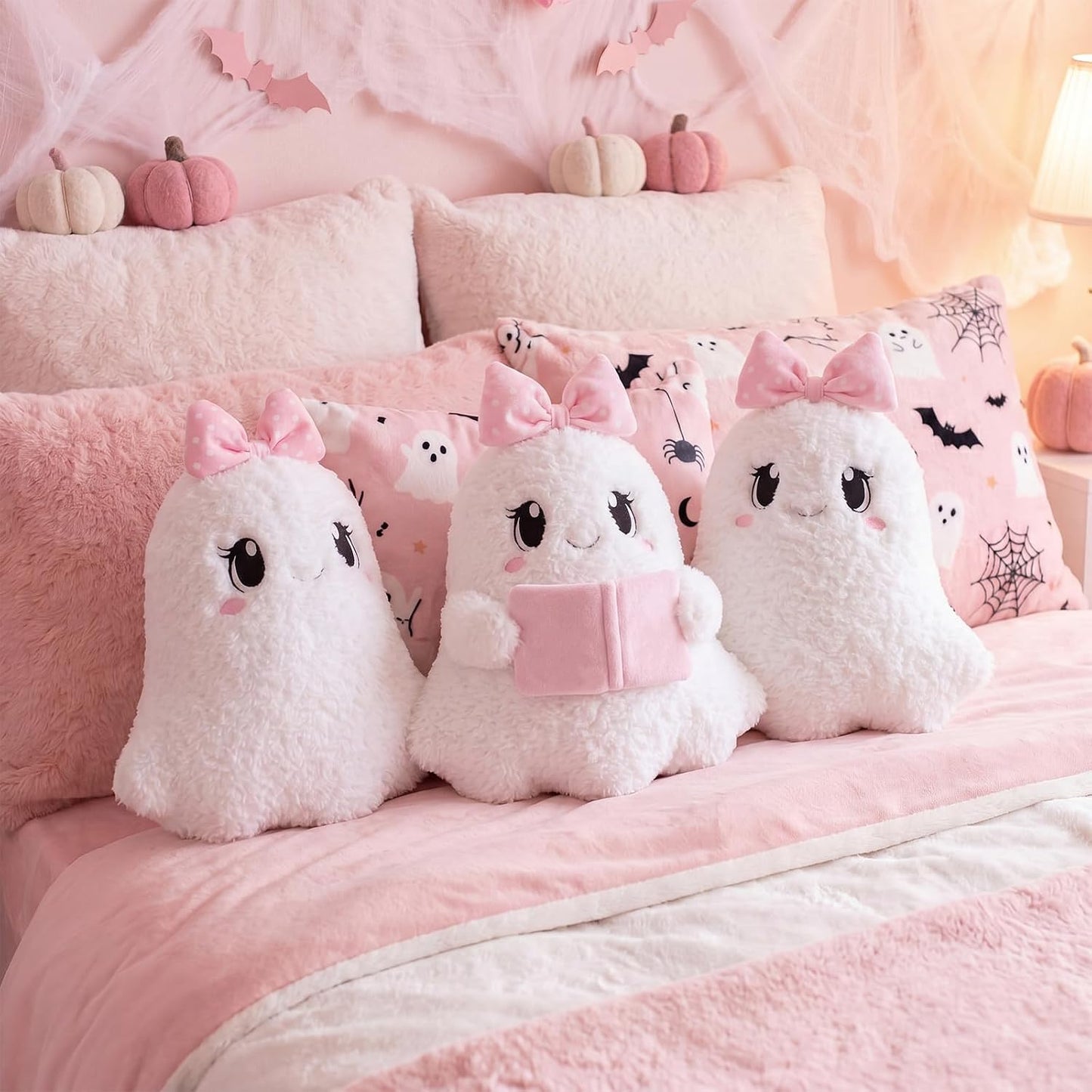 Pink Halloween Ghost Throw Pillows Cute Pink Bow Ghost Plush