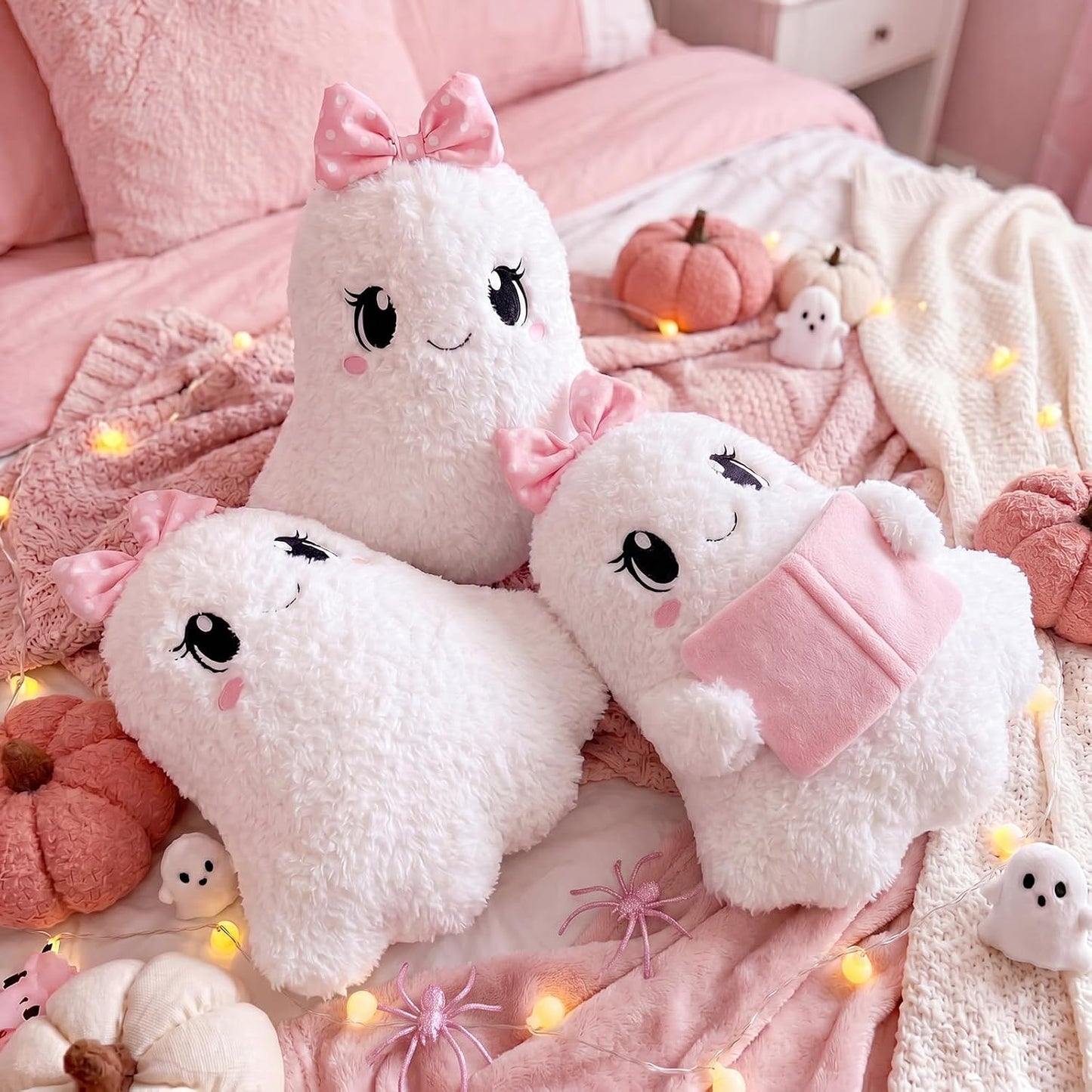 Pink Halloween Ghost Throw Pillows Cute Pink Bow Ghost Plush