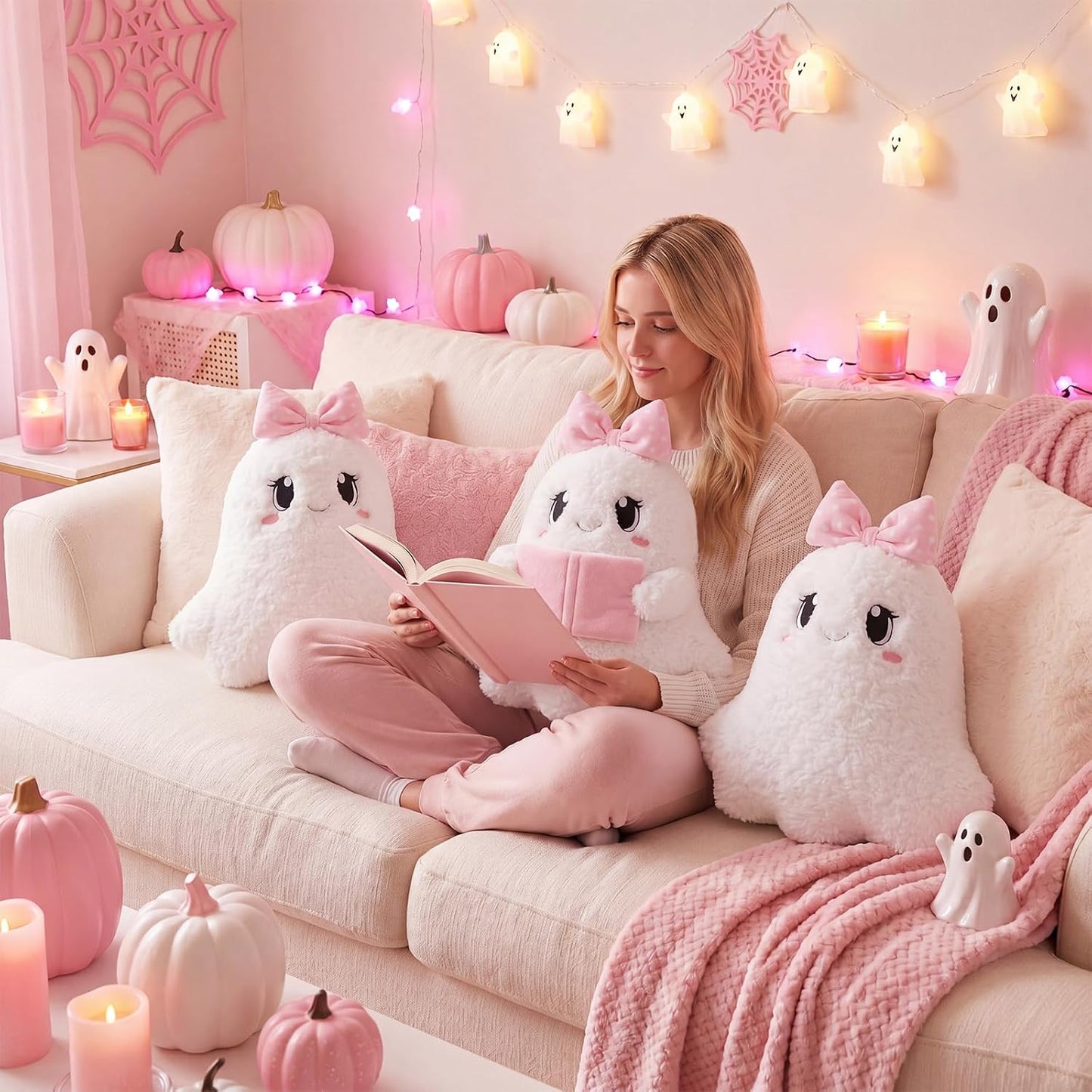 Pink Halloween Ghost Throw Pillows Cute Pink Bow Ghost Plush