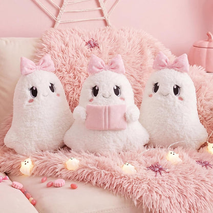 Pink Halloween Ghost Throw Pillows Cute Pink Bow Ghost Plush