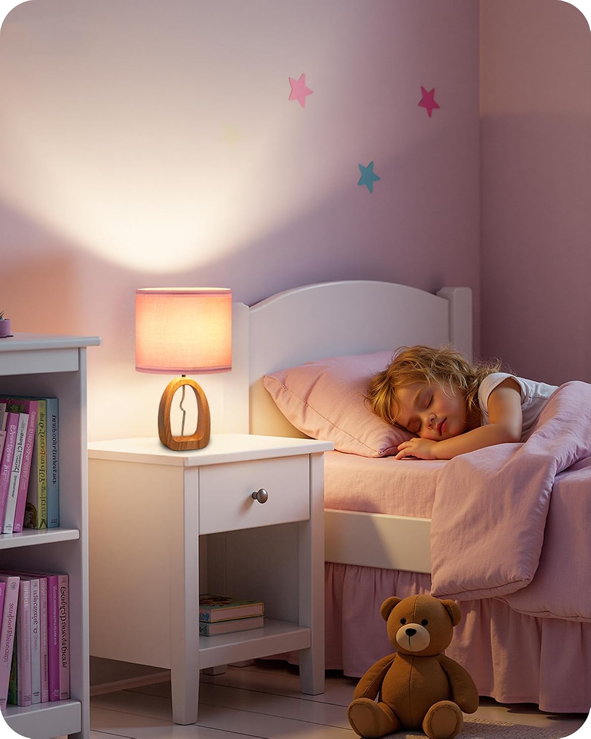 Pink Table Lamp, 14.2" Small Cute Desk Lamp, Wood Bedside Lamp with Pink Linen Lampshade & Natural Wood Base, Modern Nightstand Lamp for Girl's Room, Bedroom, E26 Base, MP07TL05