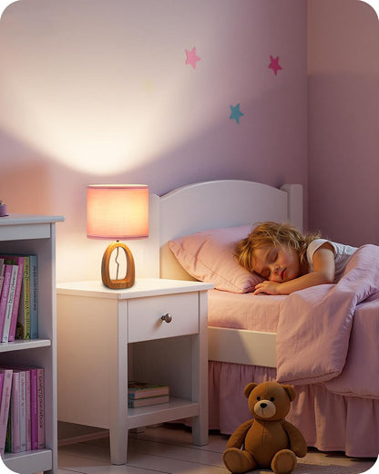 Pink Table Lamp, 14.2" Small Cute Desk Lamp, Wood Bedside Lamp with Pink Linen Lampshade & Natural Wood Base, Modern Nightstand Lamp for Girl's Room, Bedroom, E26 Base, MP07TL05