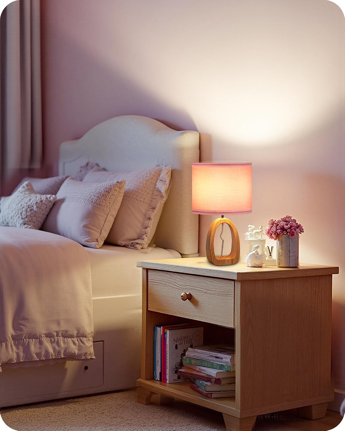 Pink Table Lamp, 14.2" Small Cute Desk Lamp, Wood Bedside Lamp with Pink Linen Lampshade & Natural Wood Base, Modern Nightstand Lamp for Girl's Room, Bedroom, E26 Base, MP07TL05