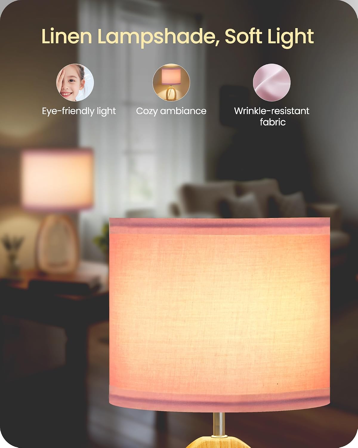 Pink Table Lamp, 14.2" Small Cute Desk Lamp, Wood Bedside Lamp with Pink Linen Lampshade & Natural Wood Base, Modern Nightstand Lamp for Girl's Room, Bedroom, E26 Base, MP07TL05