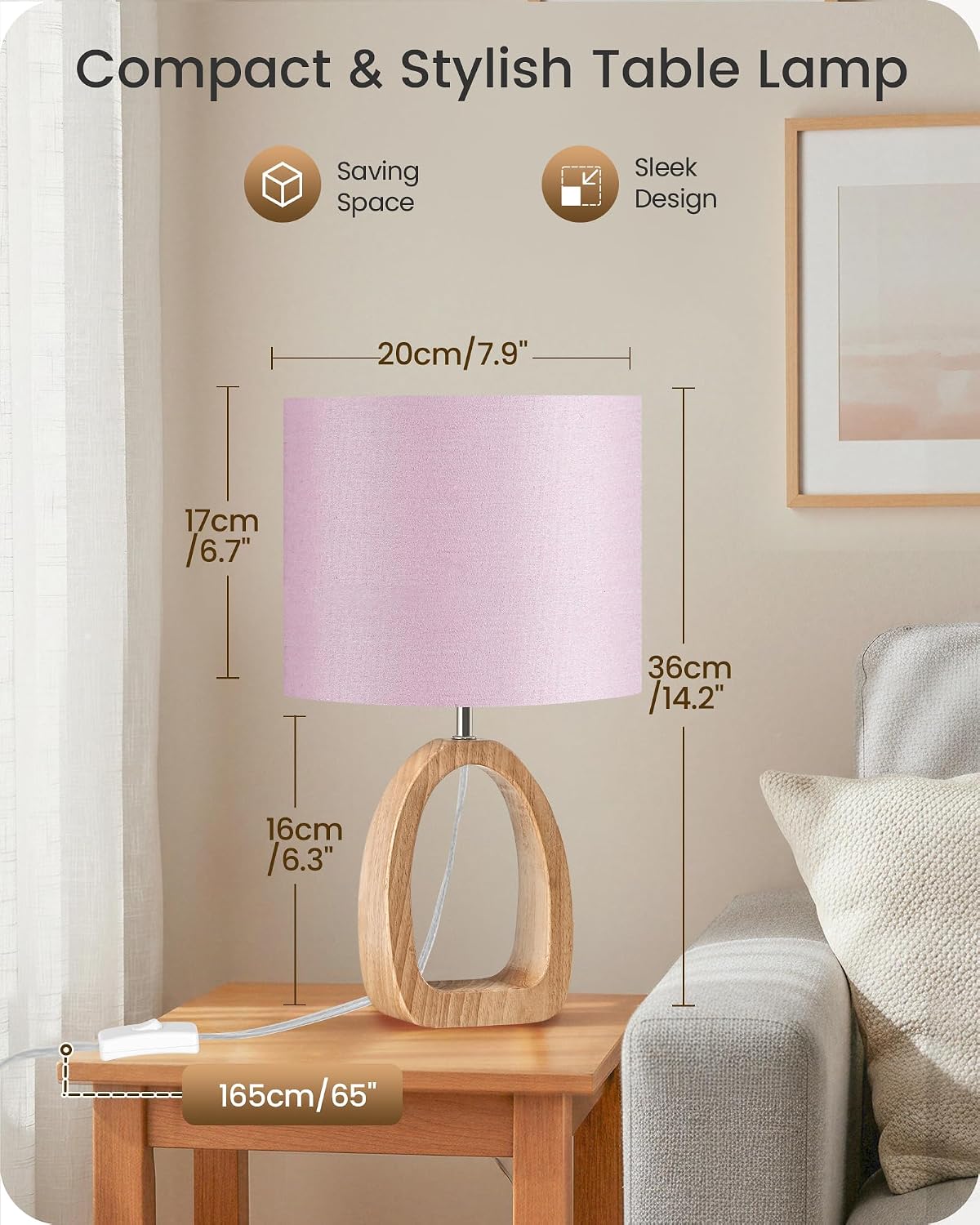 Pink Table Lamp, 14.2" Small Cute Desk Lamp, Wood Bedside Lamp with Pink Linen Lampshade & Natural Wood Base, Modern Nightstand Lamp for Girl's Room, Bedroom, E26 Base, MP07TL05