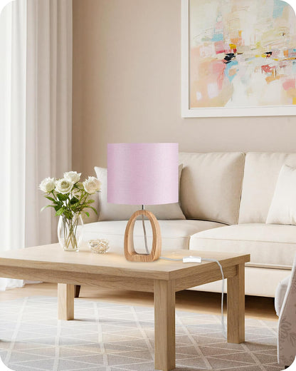 Pink Table Lamp, 14.2" Small Cute Desk Lamp, Wood Bedside Lamp with Pink Linen Lampshade & Natural Wood Base, Modern Nightstand Lamp for Girl's Room, Bedroom, E26 Base, MP07TL05