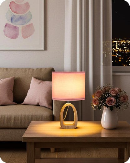Pink Table Lamp, 14.2" Small Cute Desk Lamp, Wood Bedside Lamp with Pink Linen Lampshade & Natural Wood Base, Modern Nightstand Lamp for Girl's Room, Bedroom, E26 Base, MP07TL05