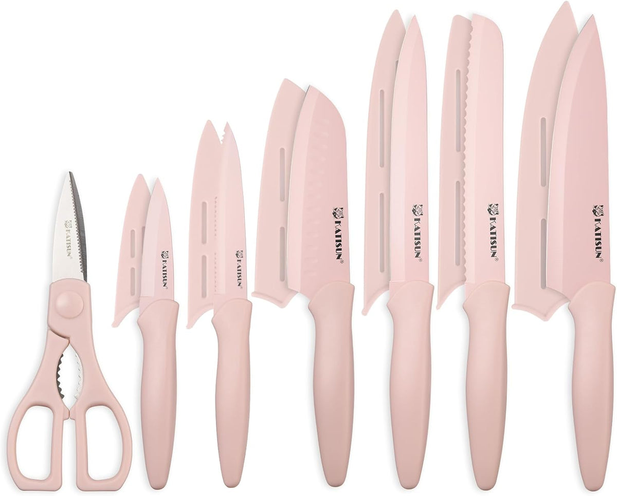 Kitchen Knife Set, 13 PCS Pink Non-Stick Knives with 6 Blade Guards
