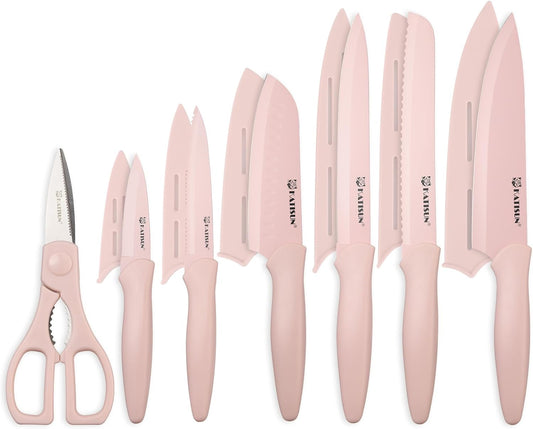 Kitchen Knife Set, 13 PCS Pink Non-Stick Knives with 6 Blade Guards