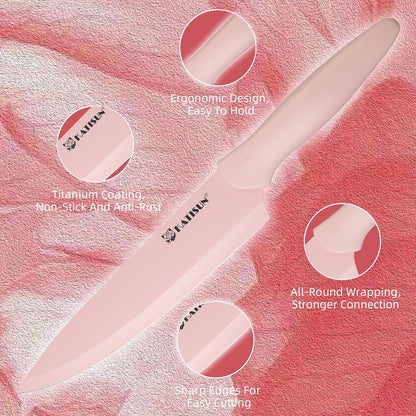 Kitchen Knife Set, 13 PCS Pink Non-Stick Knives with 6 Blade Guards