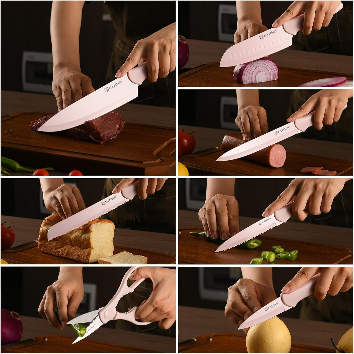 Kitchen Knife Set, 13 PCS Pink Non-Stick Knives with 6 Blade Guards