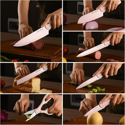 Kitchen Knife Set, 13 PCS Pink Non-Stick Knives with 6 Blade Guards