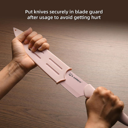 Kitchen Knife Set, 13 PCS Pink Non-Stick Knives with 6 Blade Guards