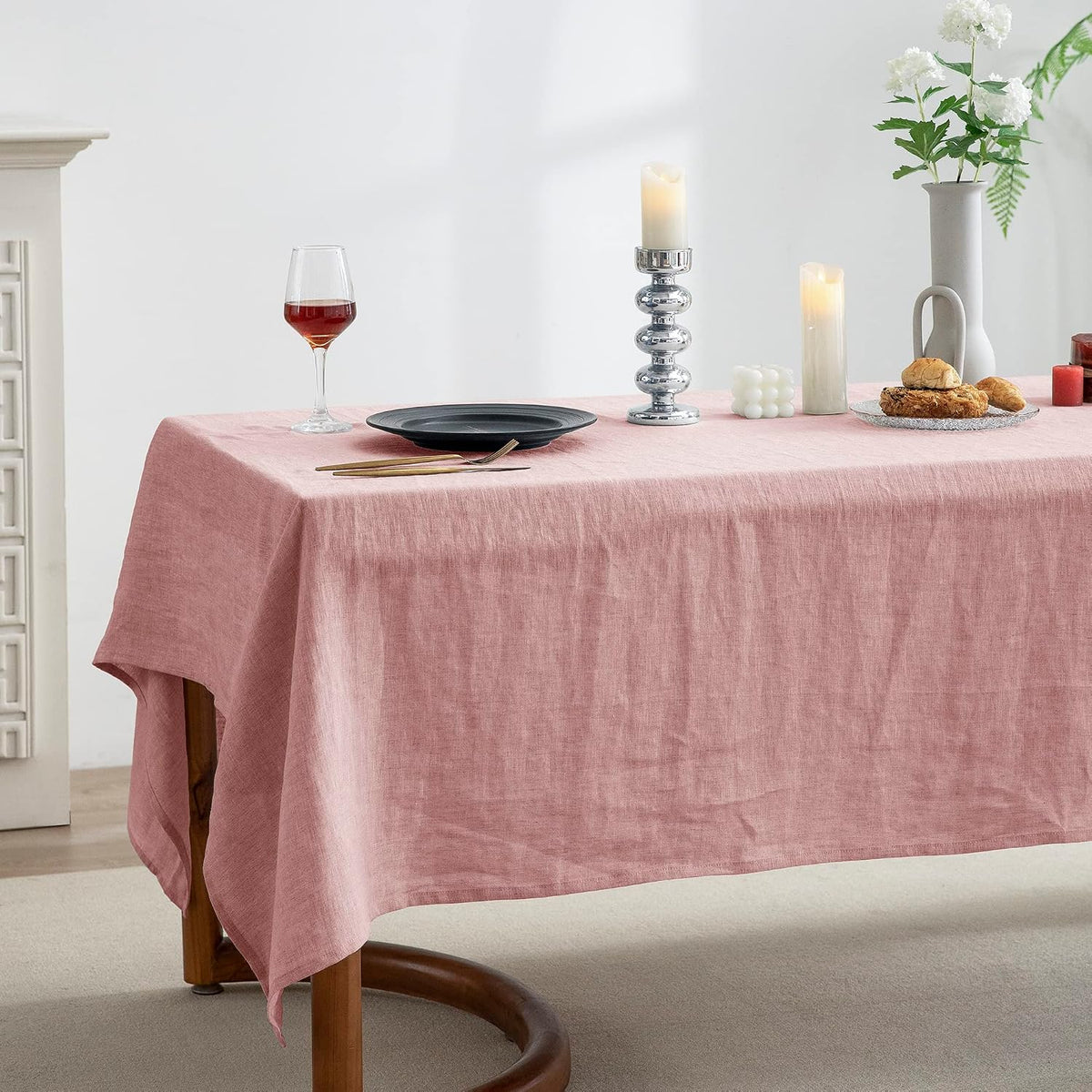 100% Pure Linen Rectangle Tablecloths 60x108Inches for Dining,Buffet Parties,Picnic,Events,Weddings and Restaurants,Decorative Halloween,Thanksgiving Machine Washable Tablecloths-Muddy Pink