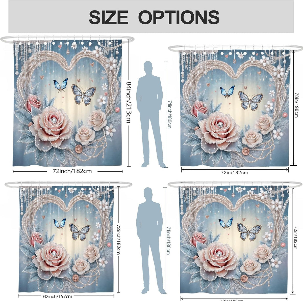 Rose Shower Curtain, Romantic Elegant Butterfly Pearl Spring Pastel Peach Washable with Hooks Toile Cloth Shower Curtains for Bathroom Toile Guest Room Decor 72x72 Inch