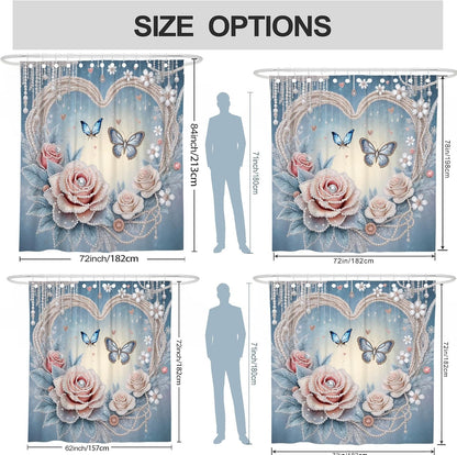 Rose Shower Curtain, Romantic Elegant Butterfly Pearl Spring Pastel Peach Washable with Hooks Toile Cloth Shower Curtains for Bathroom Toile Guest Room Decor 72x72 Inch