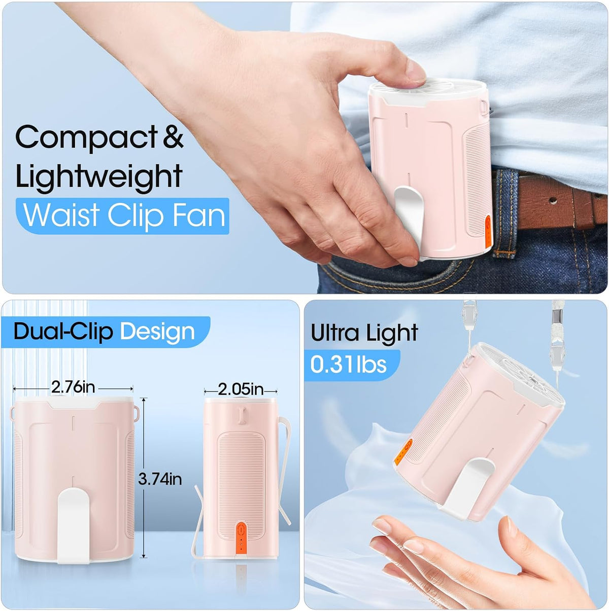 2026 AI Portable Fan Rechargeable, 4 Speeds Strong Airflow, Personal Waist Fan with up to 25H of Working Time, Hanging Neck/Wearable for Camping, Outdoor, Jobsite - Pink