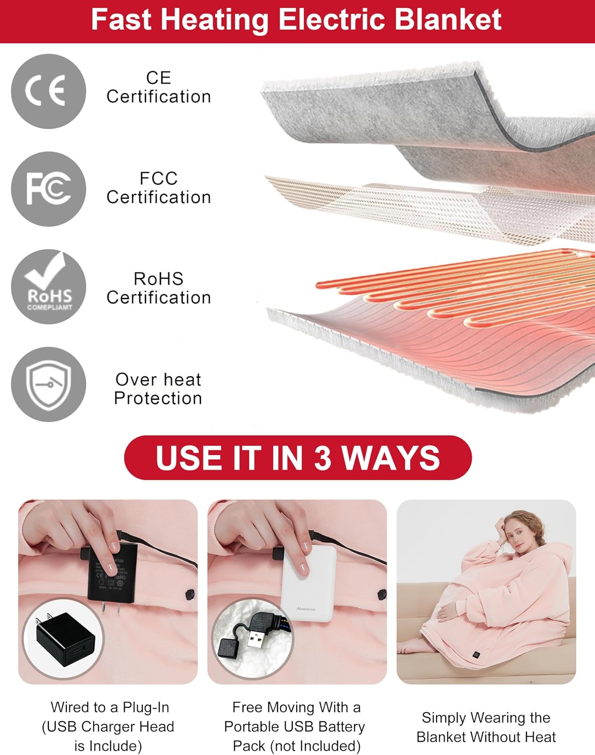 Wearable Heated Blanket Cordless Oversized Hoodie Sweatshirt