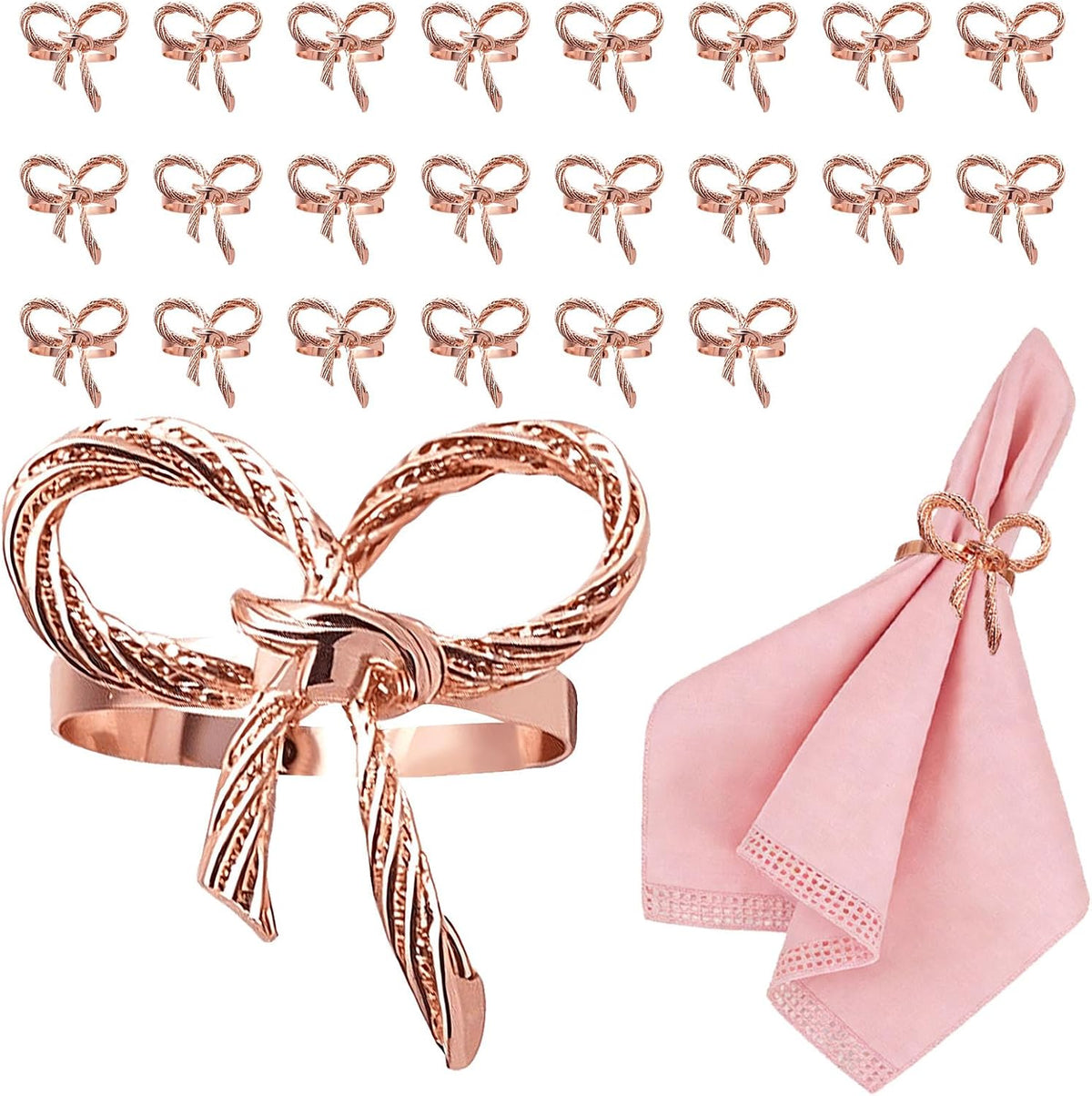 Rose Gold Bow Napkin Rings Set of 24 for Wedding Party Birthday Holiday Family Dinner Daily Table Decor,Elegant Metal Bow Tie Napkin Ring Holders for Valentine's Day Banquet Decoration