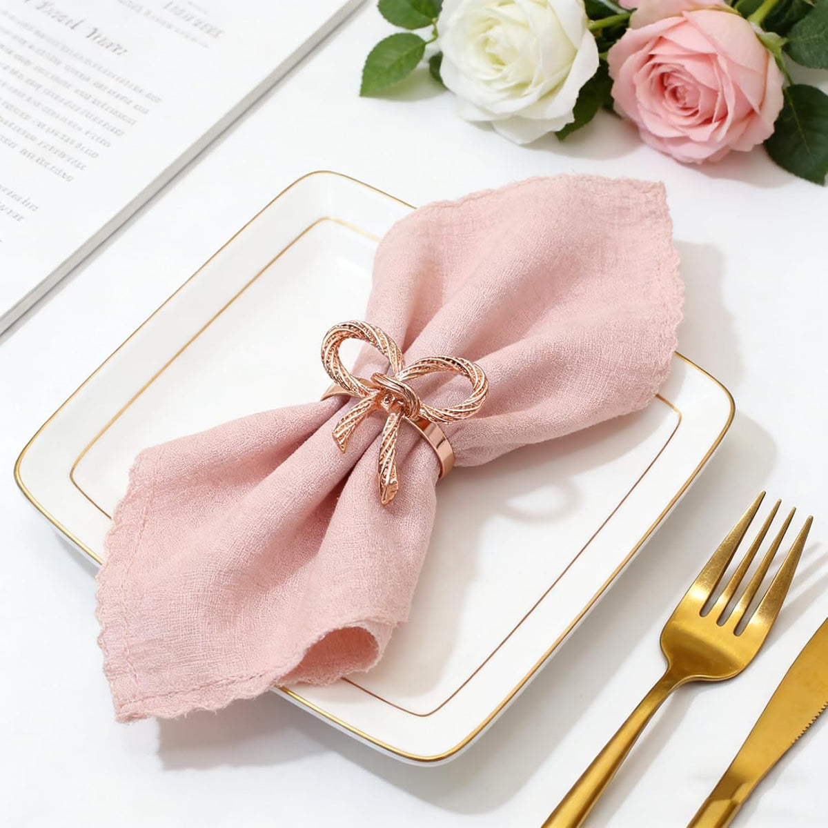 Rose Gold Bow Napkin Rings Set of 24 for Wedding Party Birthday Holiday Family Dinner Daily Table Decor,Elegant Metal Bow Tie Napkin Ring Holders for Valentine's Day Banquet Decoration