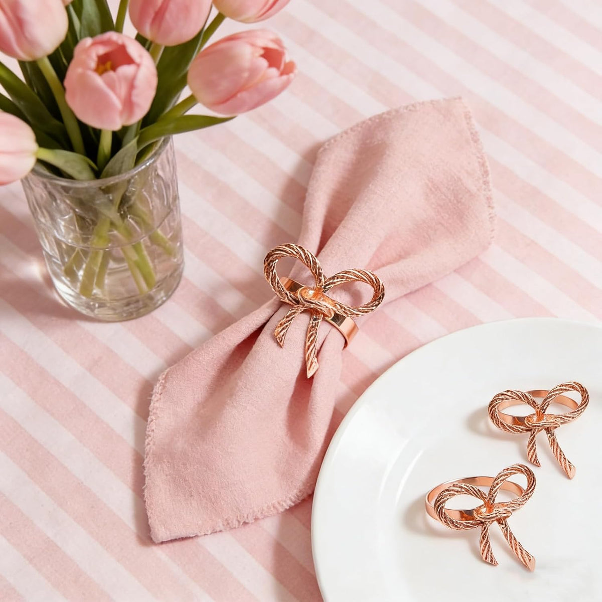 Rose Gold Bow Napkin Rings Set of 24 for Wedding Party Birthday Holiday Family Dinner Daily Table Decor,Elegant Metal Bow Tie Napkin Ring Holders for Valentine's Day Banquet Decoration