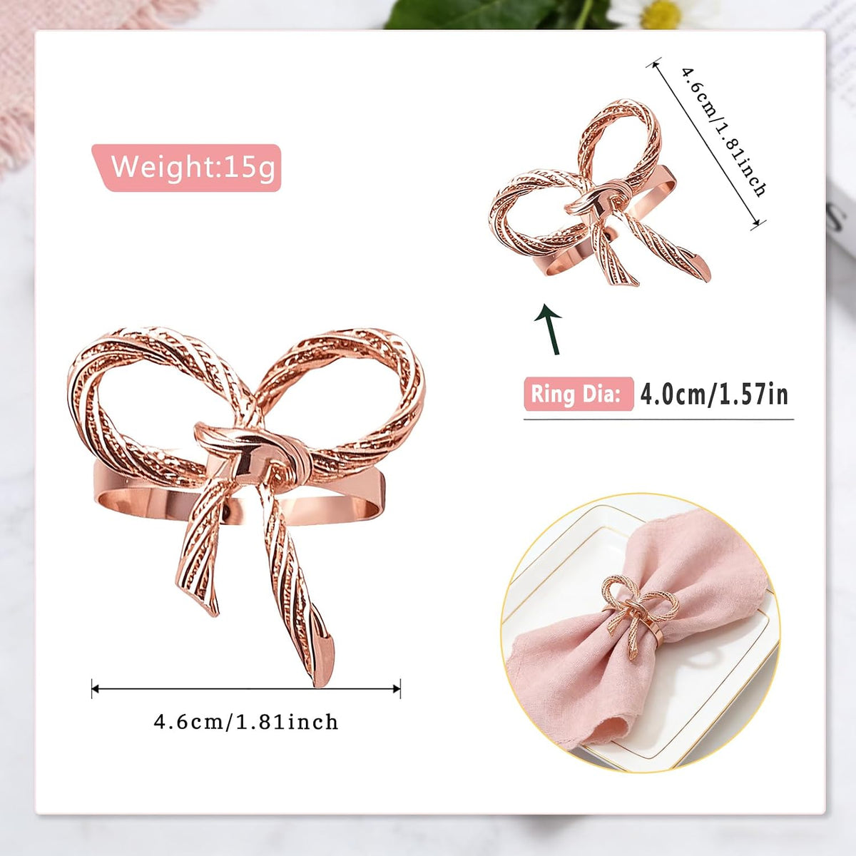 Rose Gold Bow Napkin Rings Set of 24 for Wedding Party Birthday Holiday Family Dinner Daily Table Decor,Elegant Metal Bow Tie Napkin Ring Holders for Valentine's Day Banquet Decoration