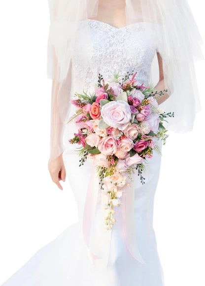 12 Inch Cascade Wedding Bouquets for Bride, Fuchsia & Pink