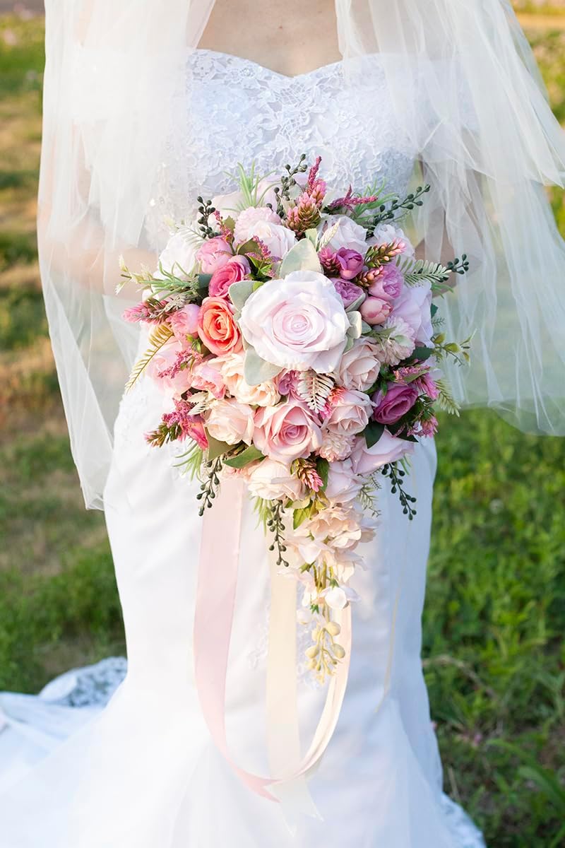 12 Inch Cascade Wedding Bouquets for Bride, Fuchsia & Pink