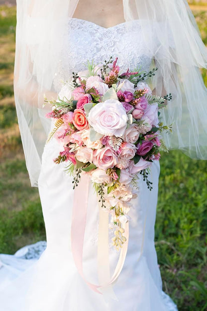 12 Inch Cascade Wedding Bouquets for Bride, Fuchsia & Pink