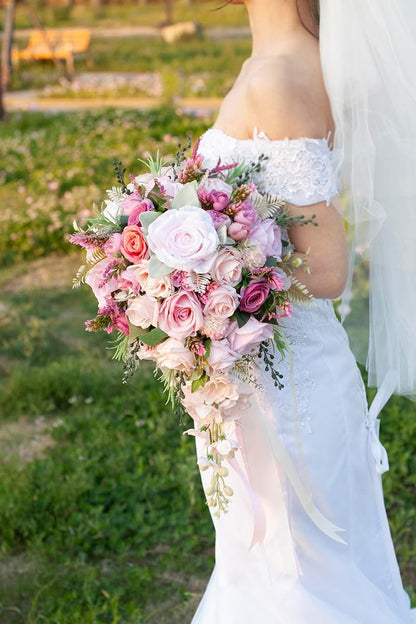 12 Inch Cascade Wedding Bouquets for Bride, Fuchsia & Pink