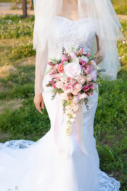 12 Inch Cascade Wedding Bouquets for Bride, Fuchsia & Pink