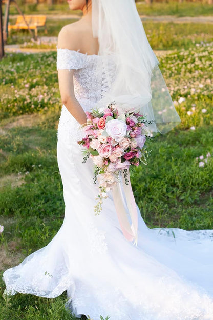 12 Inch Cascade Wedding Bouquets for Bride, Fuchsia & Pink