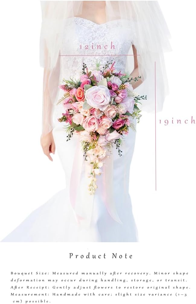 12 Inch Cascade Wedding Bouquets for Bride, Fuchsia & Pink
