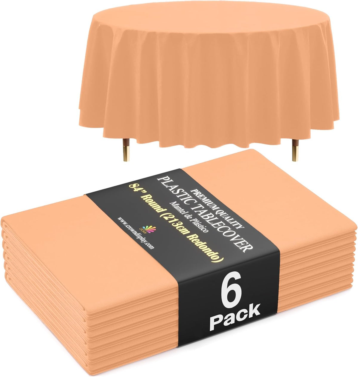 66% Thicker Premium Peach Round Tablecloth 0.5 Mil 6 Pack Plastic Table Cloth Disposable 84 Inch Round Plastic Tablecloth Won't Tear Easily Like Cheap Thin Brands