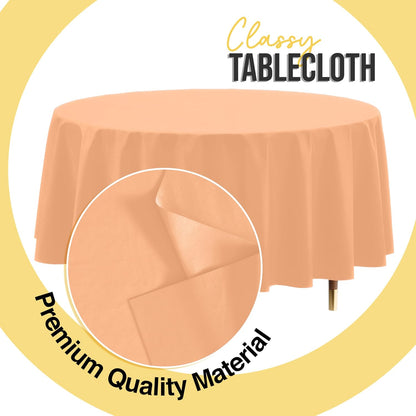 66% Thicker Premium Peach Round Tablecloth 0.5 Mil 6 Pack Plastic Table Cloth Disposable 84 Inch Round Plastic Tablecloth Won't Tear Easily Like Cheap Thin Brands
