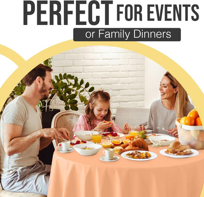 66% Thicker Premium Peach Round Tablecloth 0.5 Mil 6 Pack Plastic Table Cloth Disposable 84 Inch Round Plastic Tablecloth Won't Tear Easily Like Cheap Thin Brands