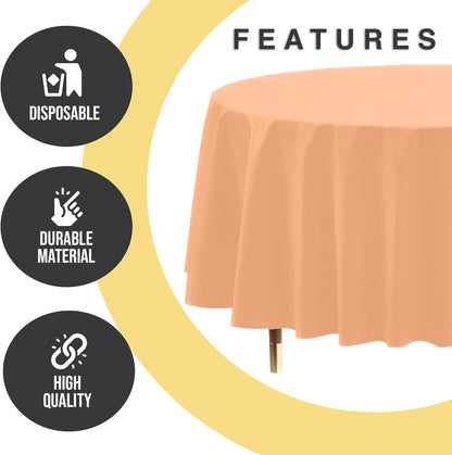 66% Thicker Premium Peach Round Tablecloth 0.5 Mil 6 Pack Plastic Table Cloth Disposable 84 Inch Round Plastic Tablecloth Won't Tear Easily Like Cheap Thin Brands