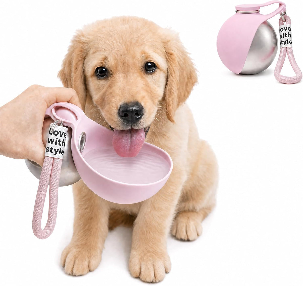 2 in 1 Portable Dog Water Bottle, 2026 New 10oz Spherical Stainless Steel Pet Bottle with Silicone Foldable Bowl,No-Spill Leak-Proof Design,Dog Water Bottle for Walking,Hiking & Travel & Camping-Pink