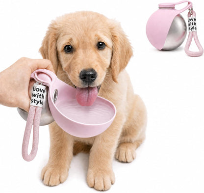 2 in 1 Portable Dog Water Bottle, 2026 New 10oz Spherical Stainless Steel Pet Bottle with Silicone Foldable Bowl,No-Spill Leak-Proof Design,Dog Water Bottle for Walking,Hiking & Travel & Camping-Pink