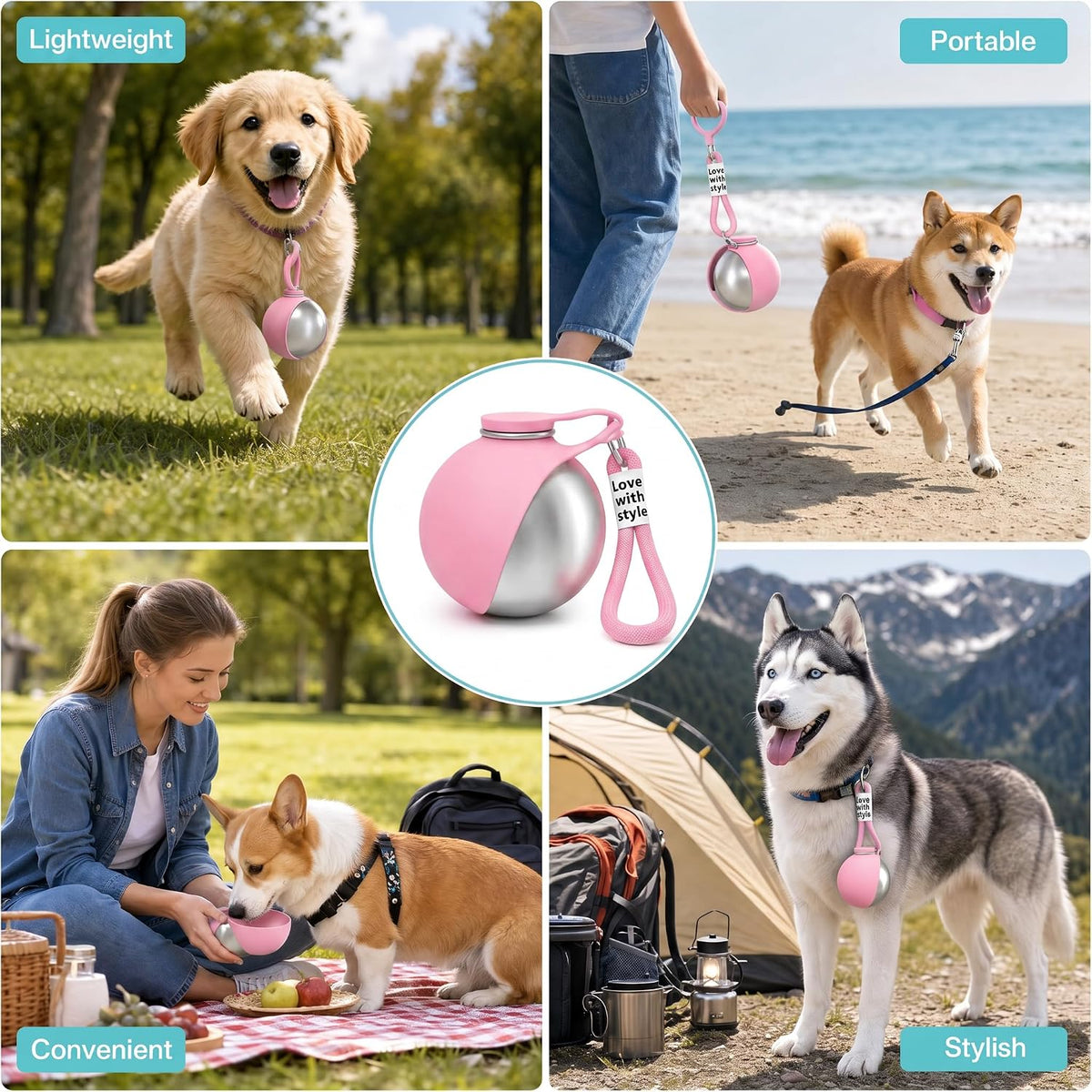 2 in 1 Portable Dog Water Bottle, 2026 New 10oz Spherical Stainless Steel Pet Bottle with Silicone Foldable Bowl,No-Spill Leak-Proof Design,Dog Water Bottle for Walking,Hiking & Travel & Camping-Pink