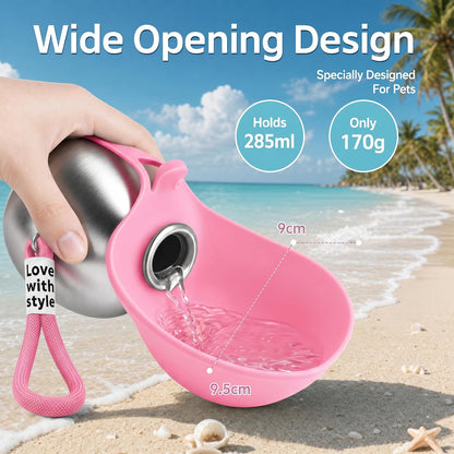2 in 1 Portable Dog Water Bottle, 2026 New 10oz Spherical Stainless Steel Pet Bottle with Silicone Foldable Bowl,No-Spill Leak-Proof Design,Dog Water Bottle for Walking,Hiking & Travel & Camping-Pink